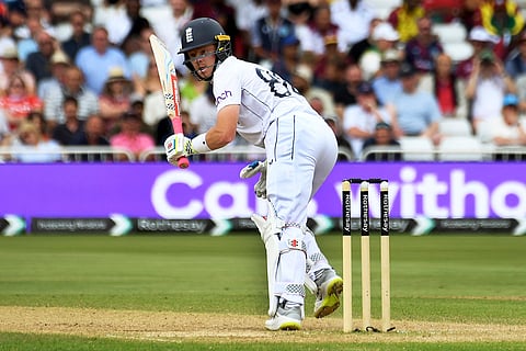 Ollie Pope plays a shot against West Indies 